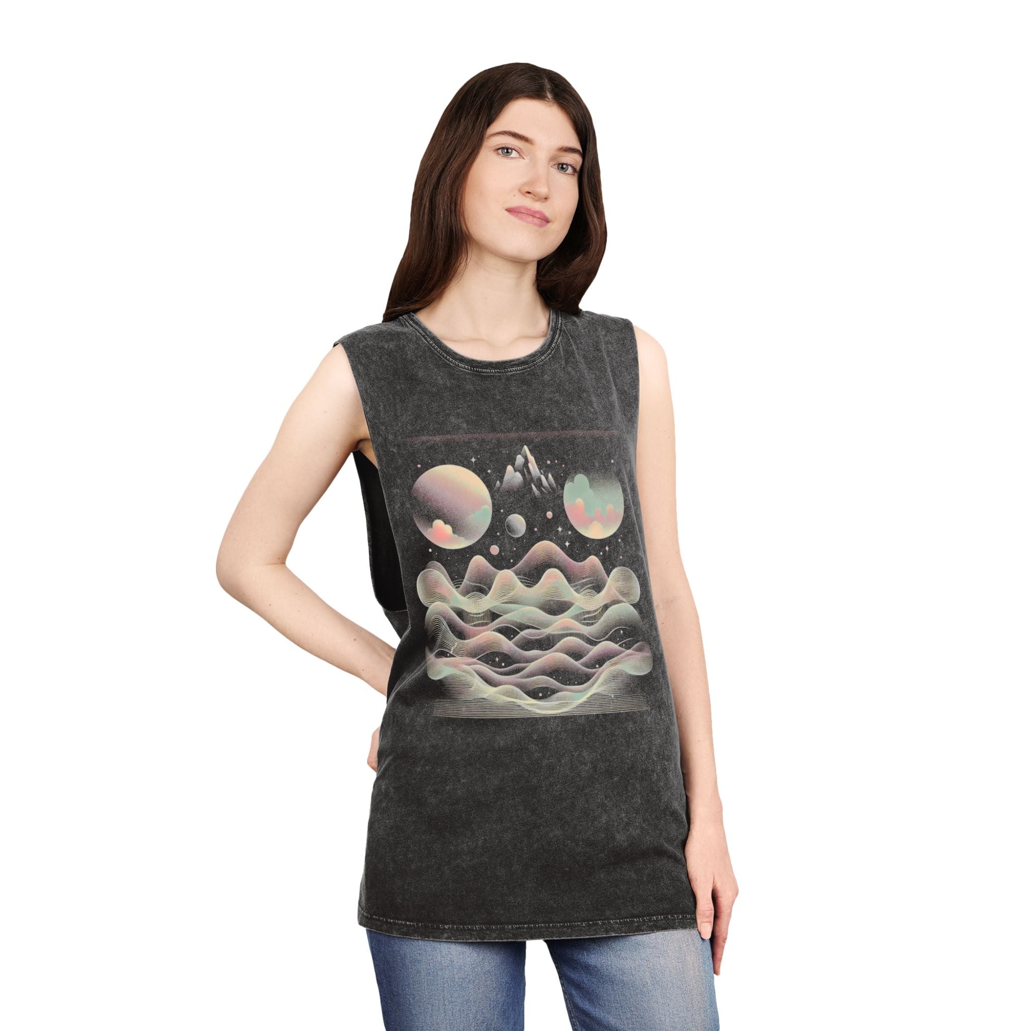 Cosmic Wave Unisex Stonewash Tank Top | Boho Beachwear, Retro Graphic Tee, Festival Outfit, Summer Essential, Casual Lounge Top