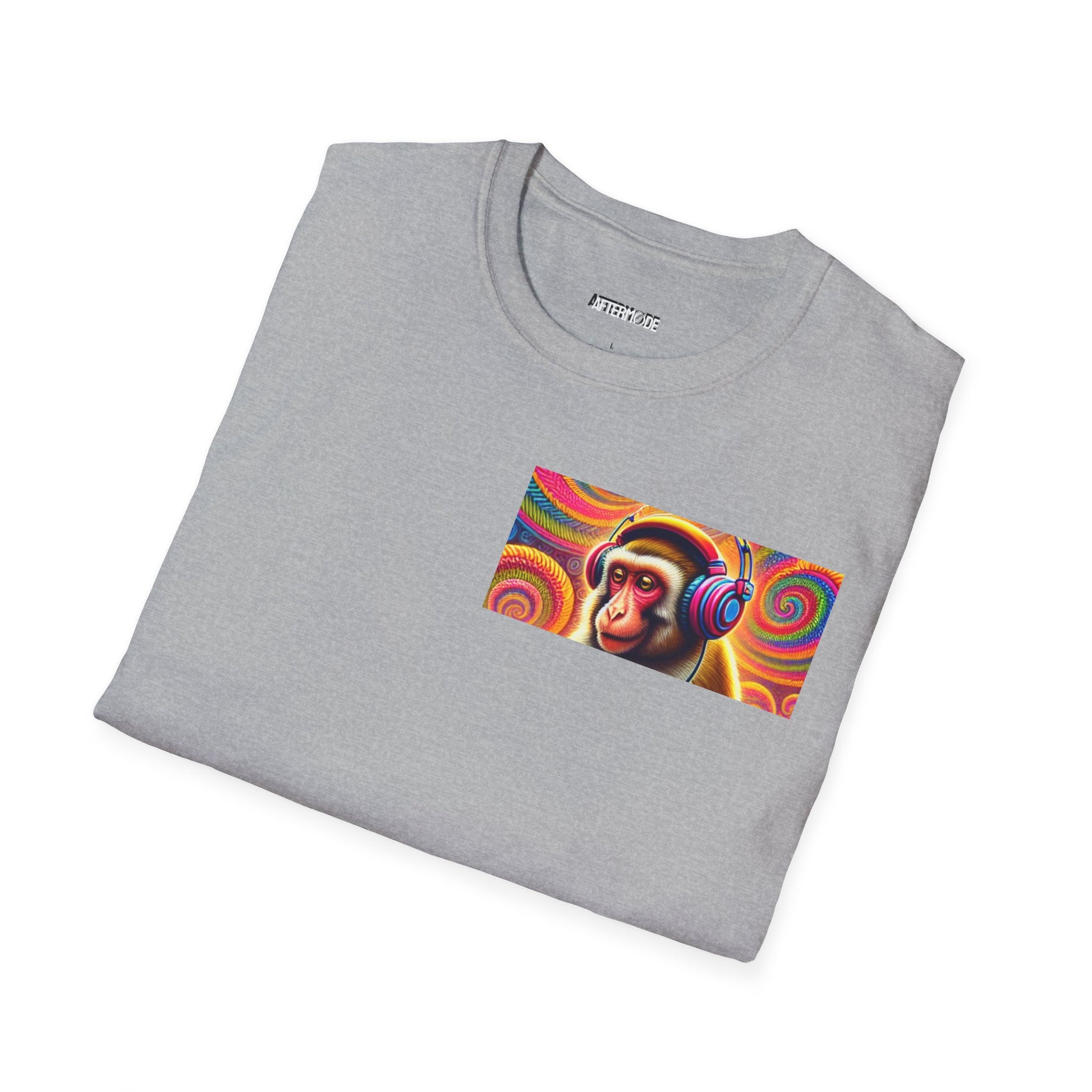 Psychedelic Monkey DJ Unisex Tee, Softstyle Graphic Shirt for Music Lovers, Festival Gear, Funky Party Outfit, Fun Gift Idea