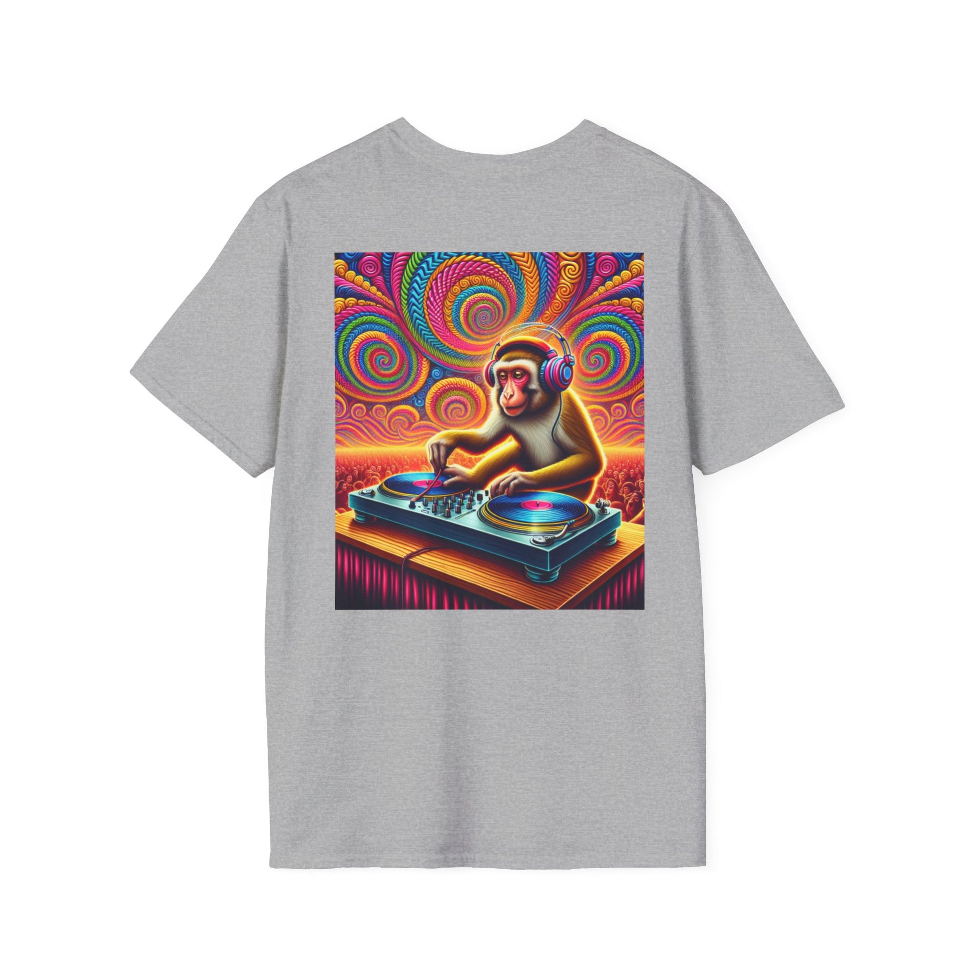 Psychedelic Monkey DJ Unisex Tee, Softstyle Graphic Shirt for Music Lovers, Festival Gear, Funky Party Outfit, Fun Gift Idea