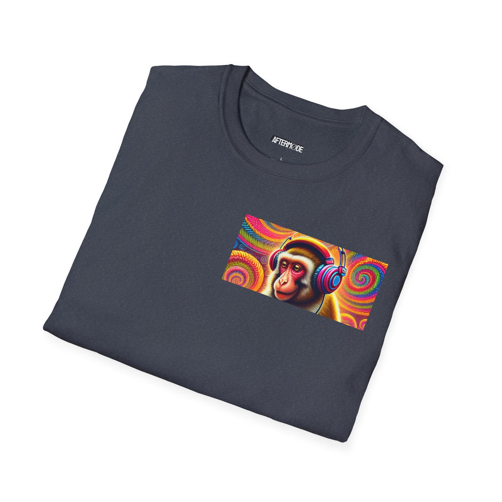 Psychedelic Monkey DJ Unisex Tee, Softstyle Graphic Shirt for Music Lovers, Festival Gear, Funky Party Outfit, Fun Gift Idea