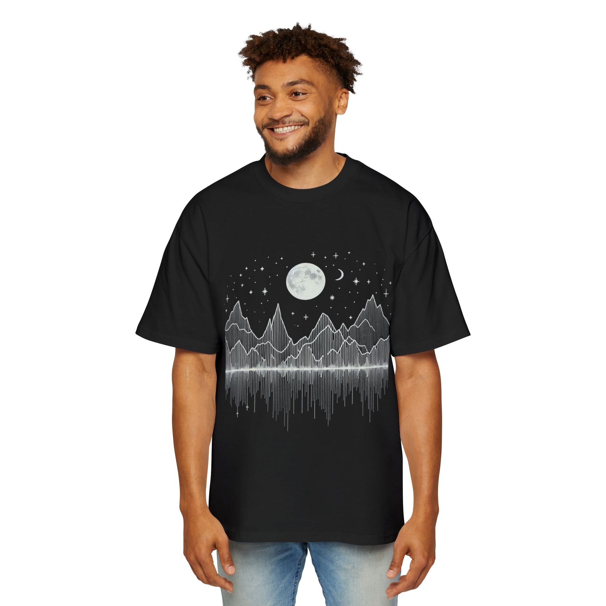 Men's Heavy Oversized Tee with Celestial Print, Casual Graphic T-Shirt, Relaxed Fit Tee for Summer, Moon and Mountains Tee, Gift for Him