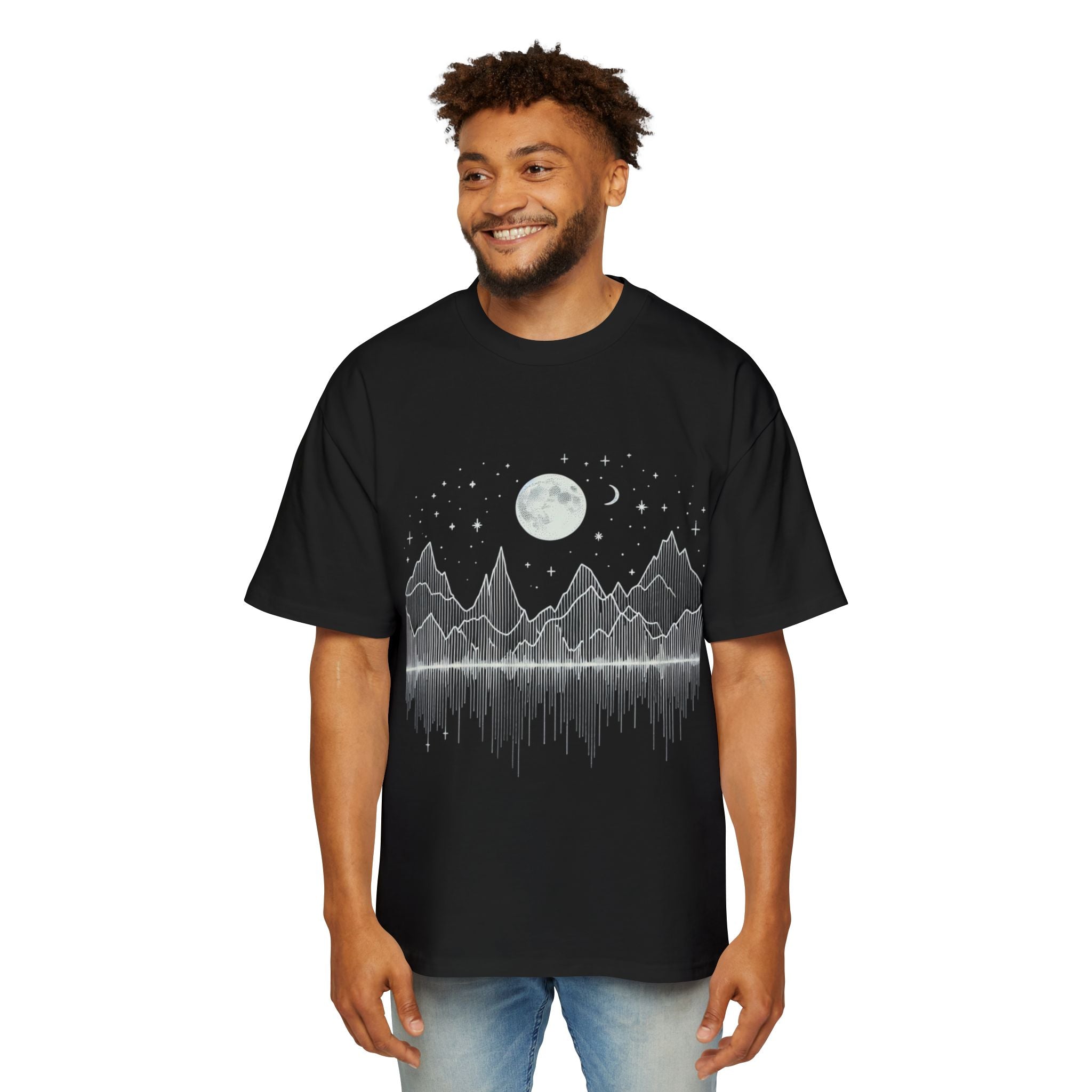 Men's Heavy Oversized Tee with Celestial Print, Casual Graphic T-Shirt, Relaxed Fit Tee for Summer, Moon and Mountains Tee, Gift for Him