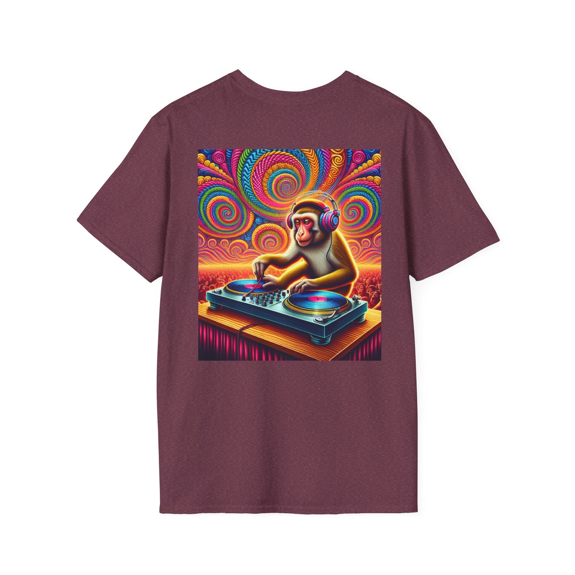 Psychedelic Monkey DJ Unisex Tee, Softstyle Graphic Shirt for Music Lovers, Festival Gear, Funky Party Outfit, Fun Gift Idea