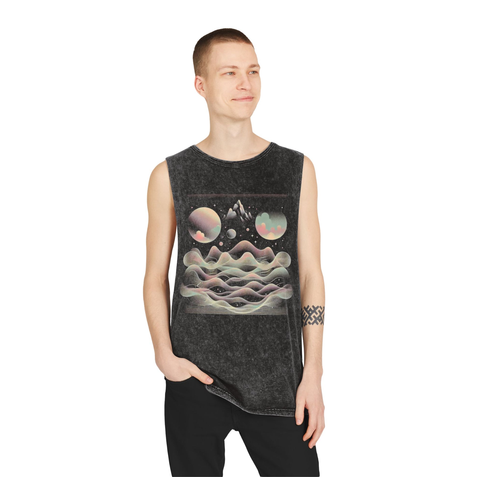 Cosmic Wave Unisex Stonewash Tank Top | Boho Beachwear, Retro Graphic Tee, Festival Outfit, Summer Essential, Casual Lounge Top