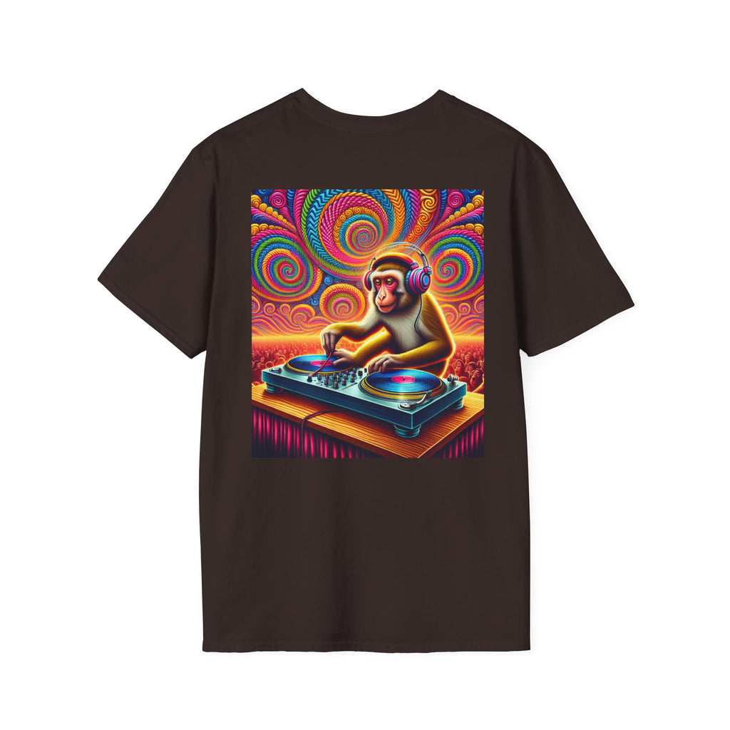 Psychedelic Monkey DJ Unisex Tee, Softstyle Graphic Shirt for Music Lovers, Festival Gear, Funky Party Outfit, Fun Gift Idea