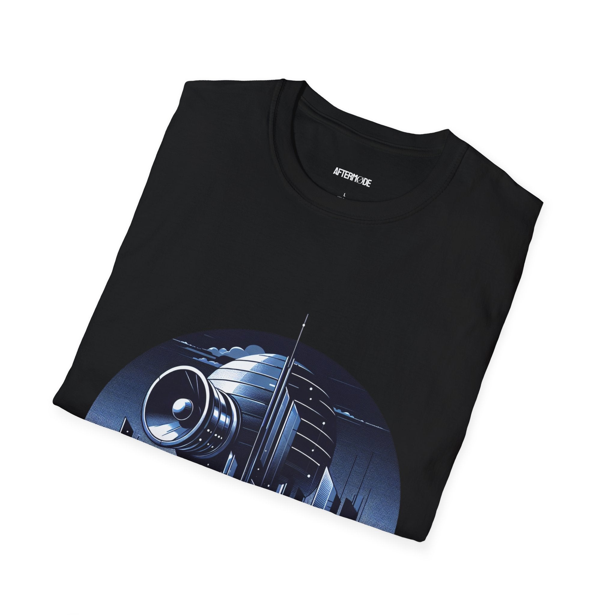 Futuristic Cityscape Graphic T-Shirt | Unisex Softstyle Tee for Sci-Fi Lovers, Gift for Tech Enthusiasts, Trendy Casual Wear, Urban Vibe
