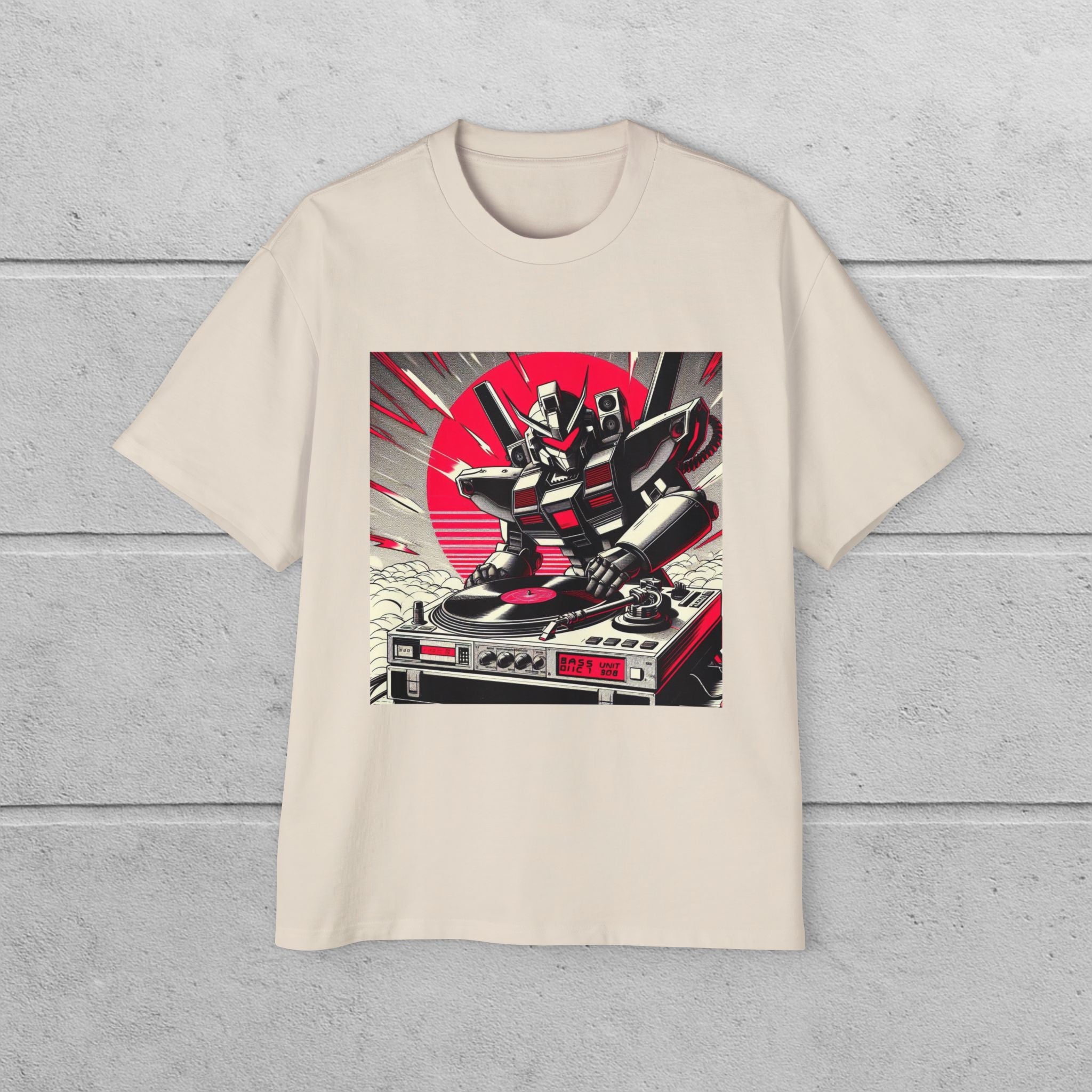 Retro 90s mecha pilot spinning vinyl, Oversized Shirt, Streetwear Style, Gift for Him, Music Lovers, Casual Outfit, Summer Essentials, High Quality