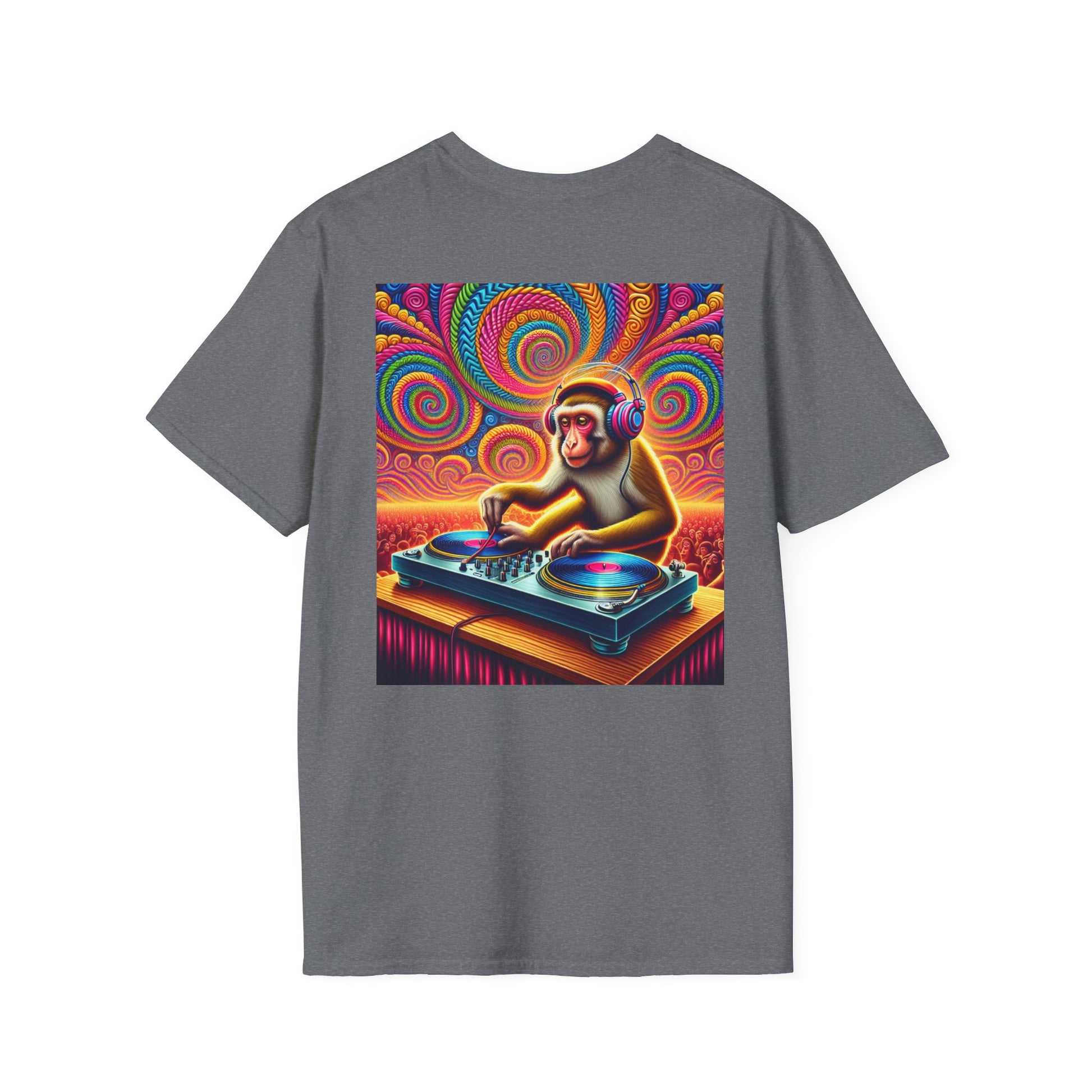 Psychedelic Monkey DJ Unisex Tee, Softstyle Graphic Shirt for Music Lovers, Festival Gear, Funky Party Outfit, Fun Gift Idea