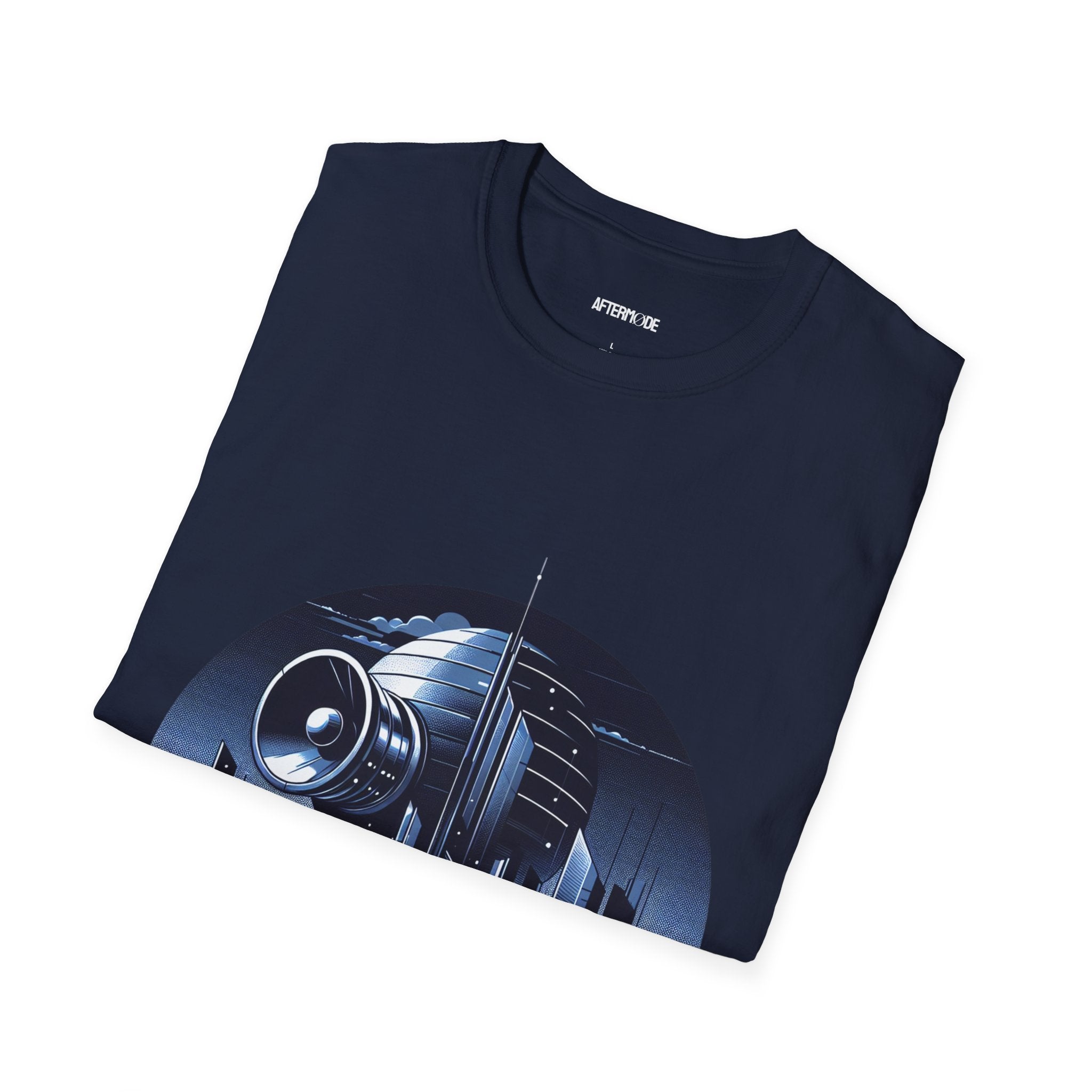 Futuristic Cityscape Graphic T-Shirt | Unisex Softstyle Tee for Sci-Fi Lovers, Gift for Tech Enthusiasts, Trendy Casual Wear, Urban Vibe