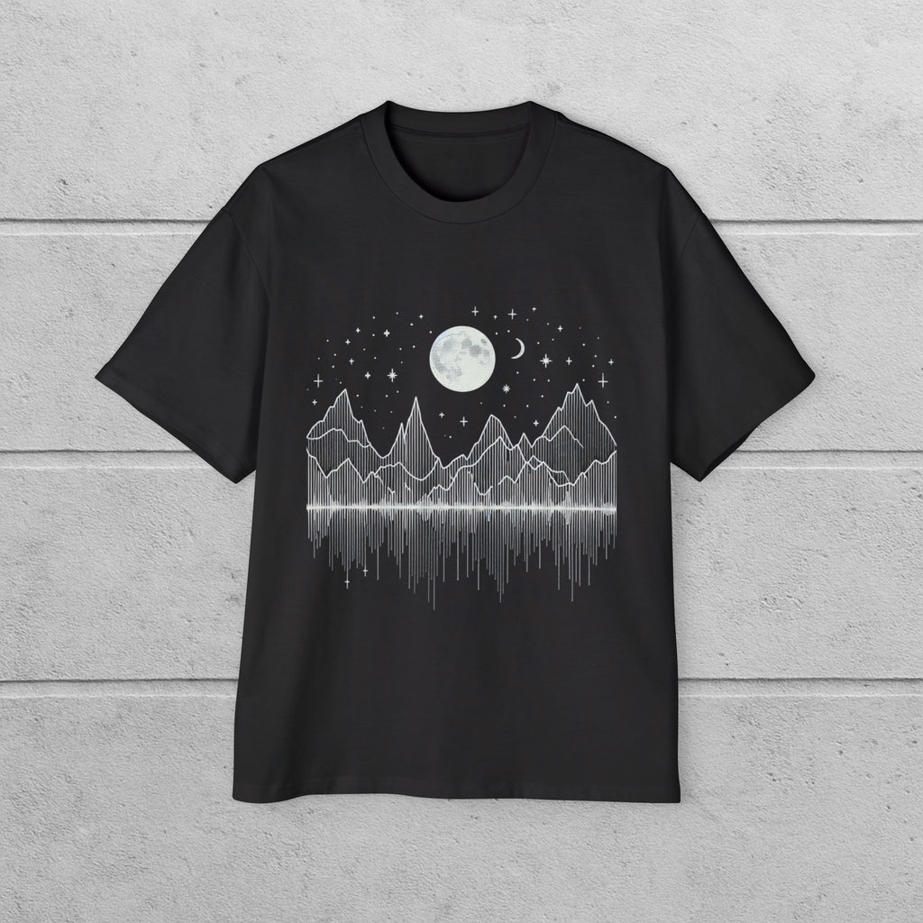 Men's Heavy Oversized Tee with Celestial Print, Casual Graphic T-Shirt, Relaxed Fit Tee for Summer, Moon and Mountains Tee, Gift for Him