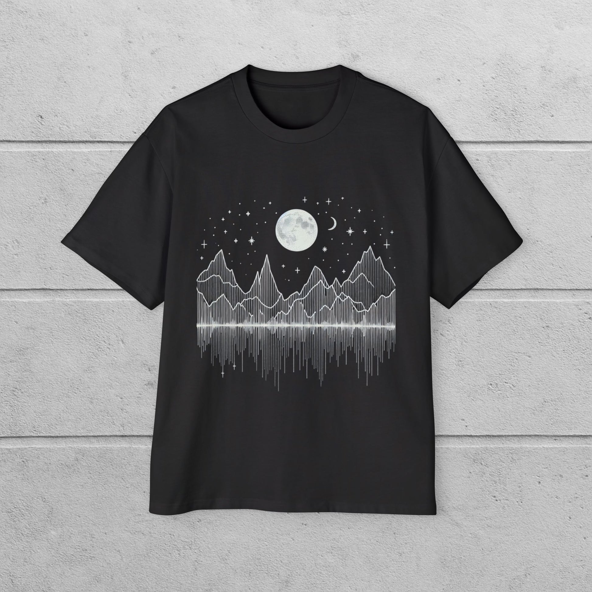 Men's Heavy Oversized Tee with Celestial Print, Casual Graphic T-Shirt, Relaxed Fit Tee for Summer, Moon and Mountains Tee, Gift for Him
