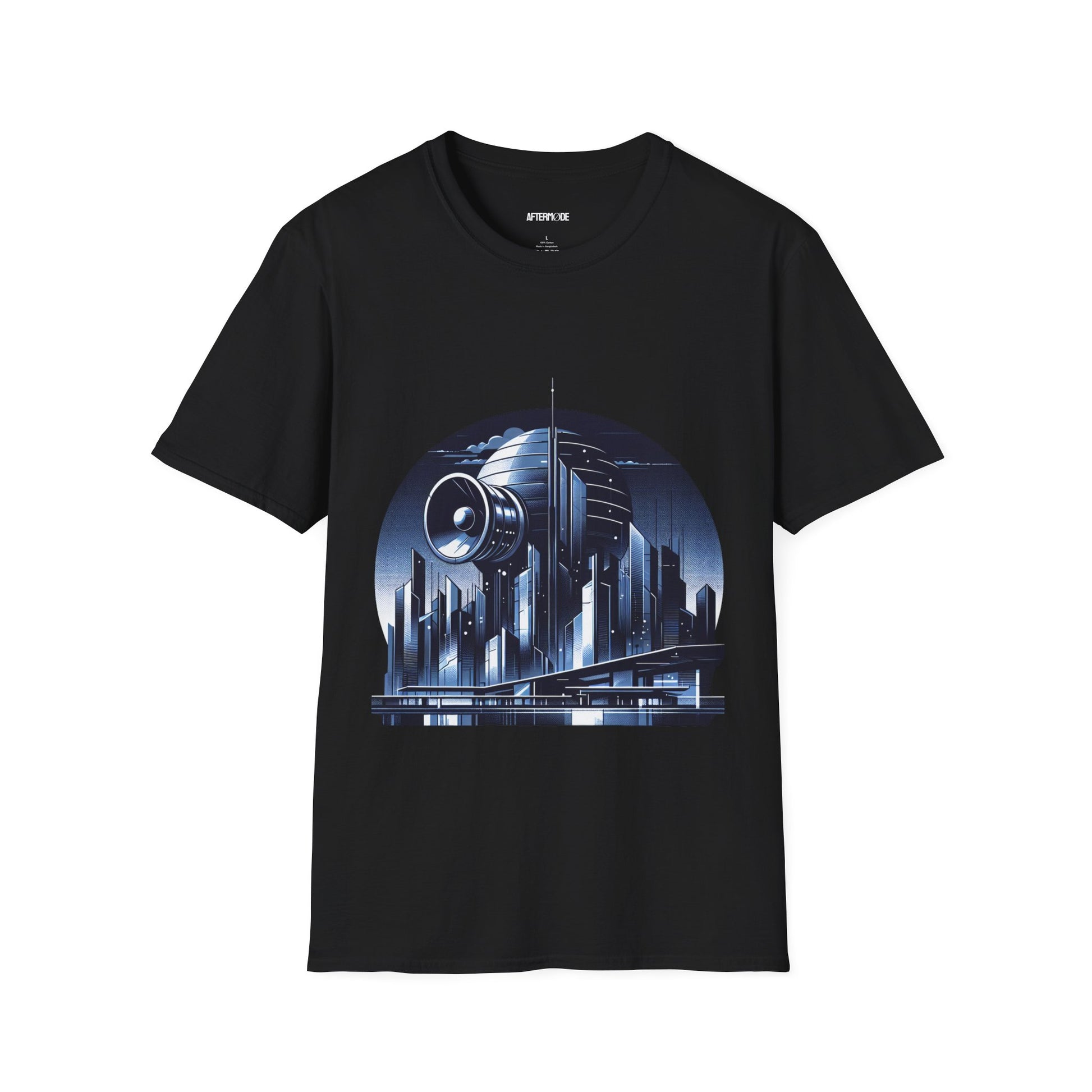 Futuristic Cityscape Graphic T-Shirt | Unisex Softstyle Tee for Sci-Fi Lovers, Gift for Tech Enthusiasts, Trendy Casual Wear, Urban Vibe