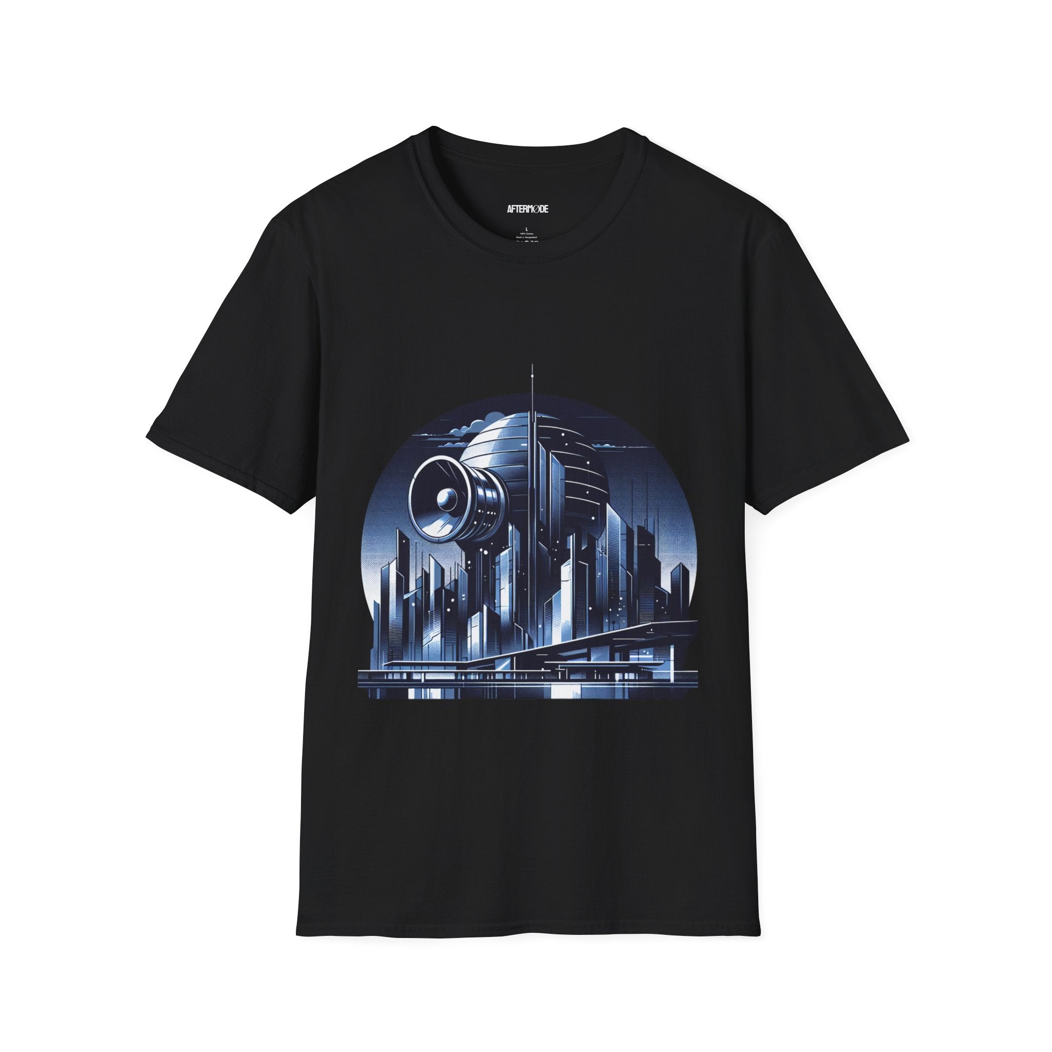Futuristic Cityscape Graphic T-Shirt | Unisex Softstyle Tee for Sci-Fi Lovers, Gift for Tech Enthusiasts, Trendy Casual Wear, Urban Vibe
