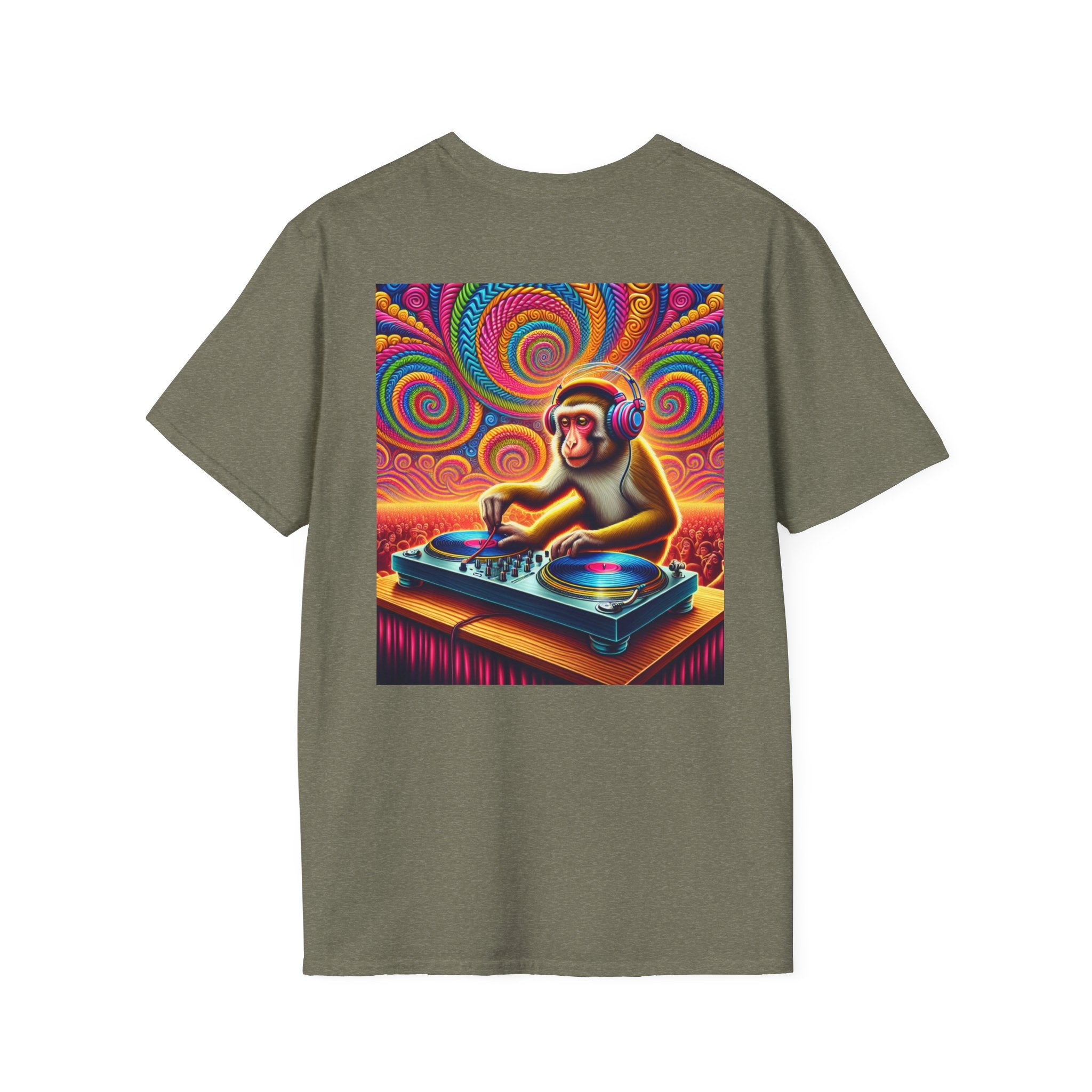 Psychedelic Monkey DJ Unisex Tee, Softstyle Graphic Shirt for Music Lovers, Festival Gear, Funky Party Outfit, Fun Gift Idea