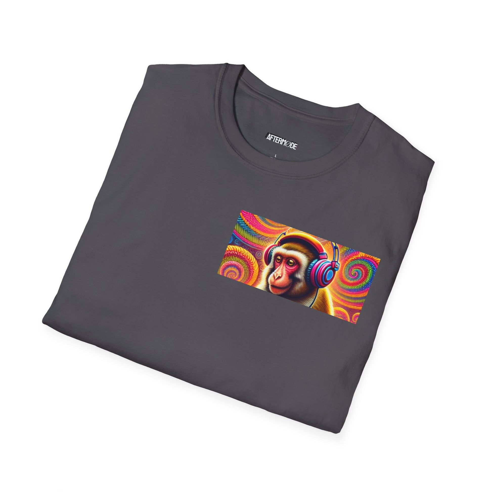 Psychedelic Monkey DJ Unisex Tee, Softstyle Graphic Shirt for Music Lovers, Festival Gear, Funky Party Outfit, Fun Gift Idea