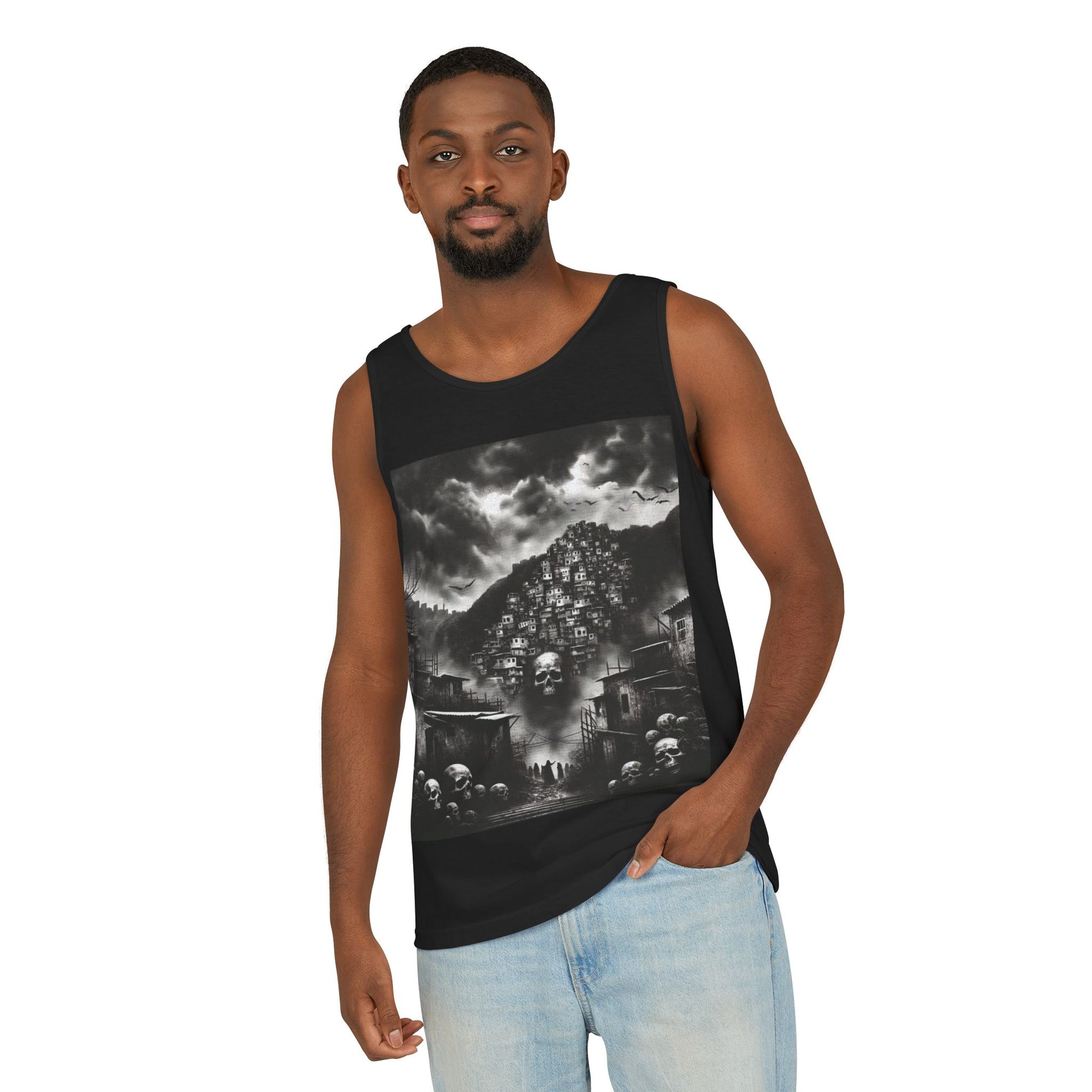 Gothic Favela Art Tank Top, Unisex Graphic Tank, Spooky Summer Wear, Alternative Fashion, Festival Outfit, Halloween Apparel
