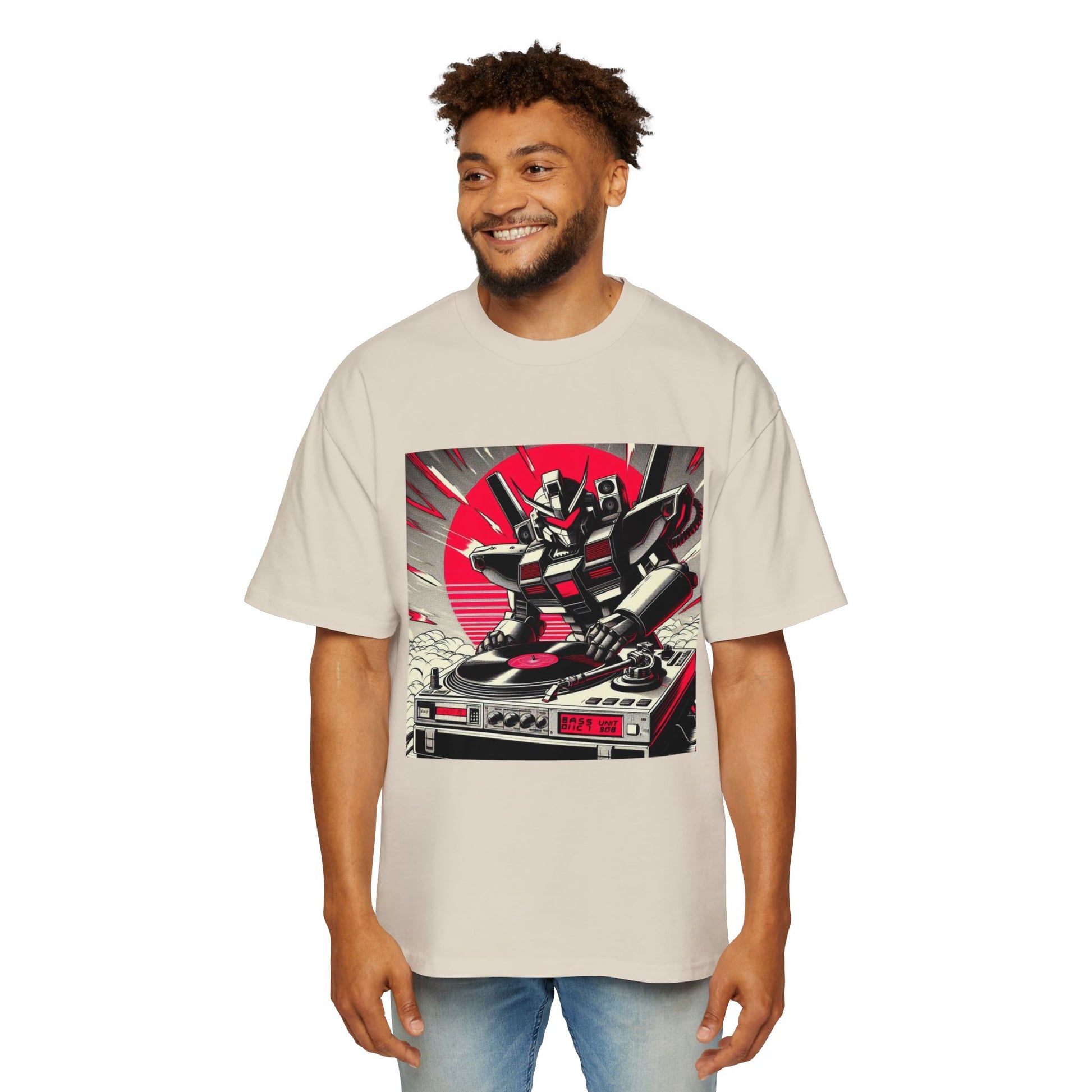 Retro 90s mecha pilot spinning vinyl, Oversized Shirt, Streetwear Style, Gift for Him, Music Lovers, Casual Outfit, Summer Essentials, High Quality
