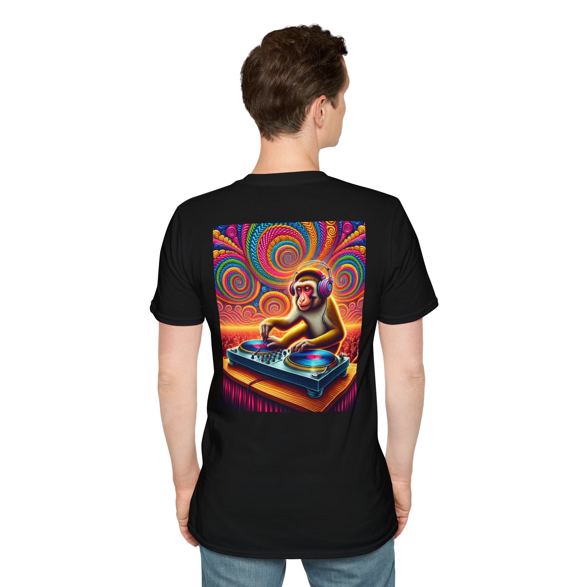 Psychedelic Monkey DJ Unisex Tee, Softstyle Graphic Shirt for Music Lovers, Festival Gear, Funky Party Outfit, Fun Gift Idea
