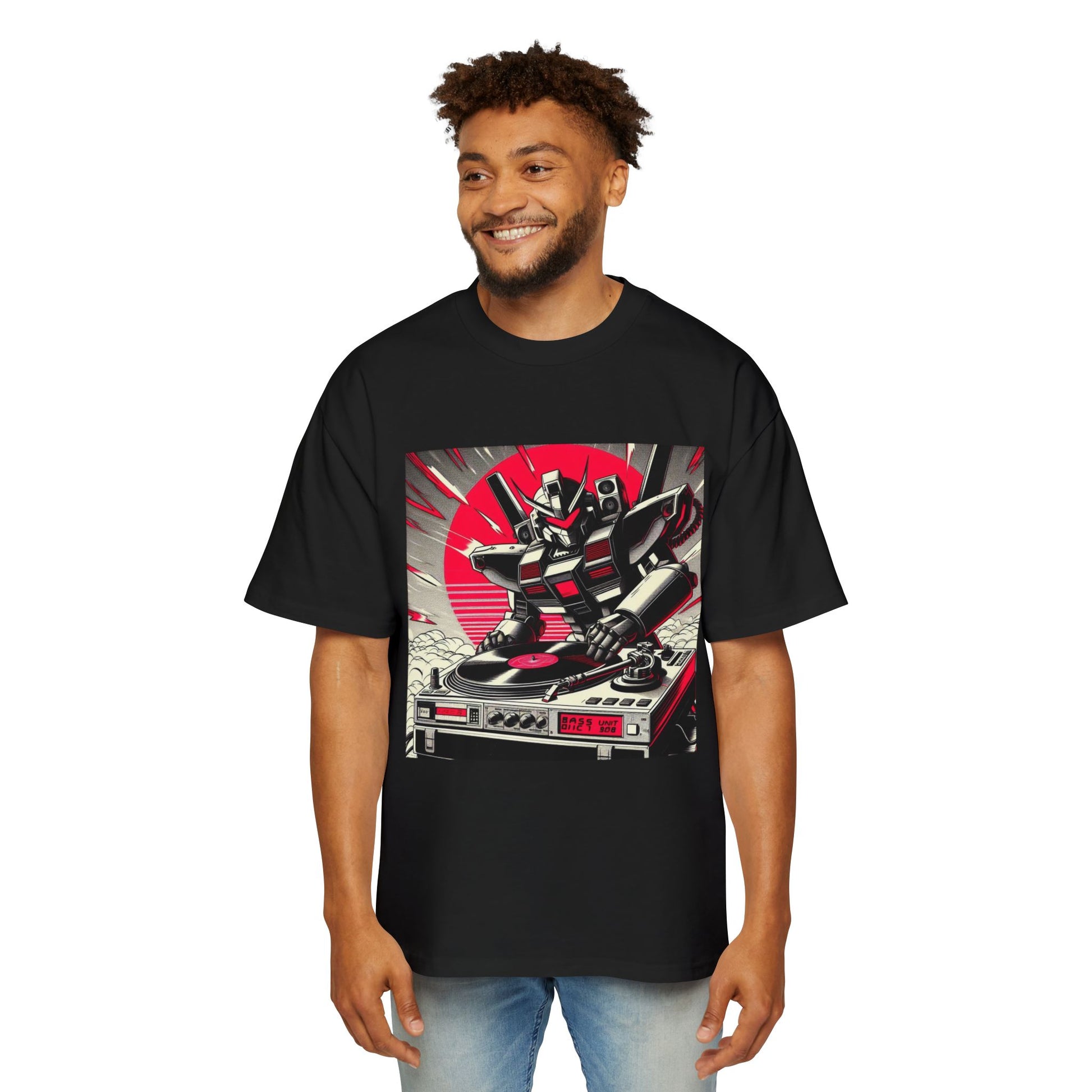 Retro 90s mecha pilot spinning vinyl, Oversized Shirt, Streetwear Style, Gift for Him, Music Lovers, Casual Outfit, Summer Essentials, High Quality