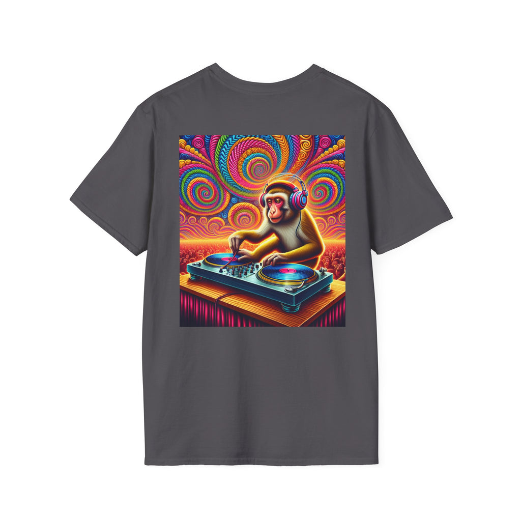 Psychedelic Monkey DJ Unisex Tee, Softstyle Graphic Shirt for Music Lovers, Festival Gear, Funky Party Outfit, Fun Gift Idea