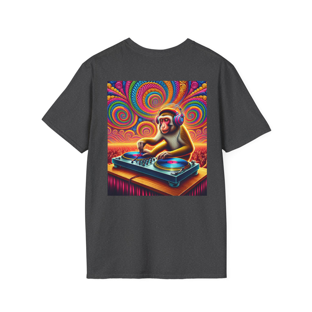 Psychedelic Monkey DJ Unisex Tee, Softstyle Graphic Shirt for Music Lovers, Festival Gear, Funky Party Outfit, Fun Gift Idea