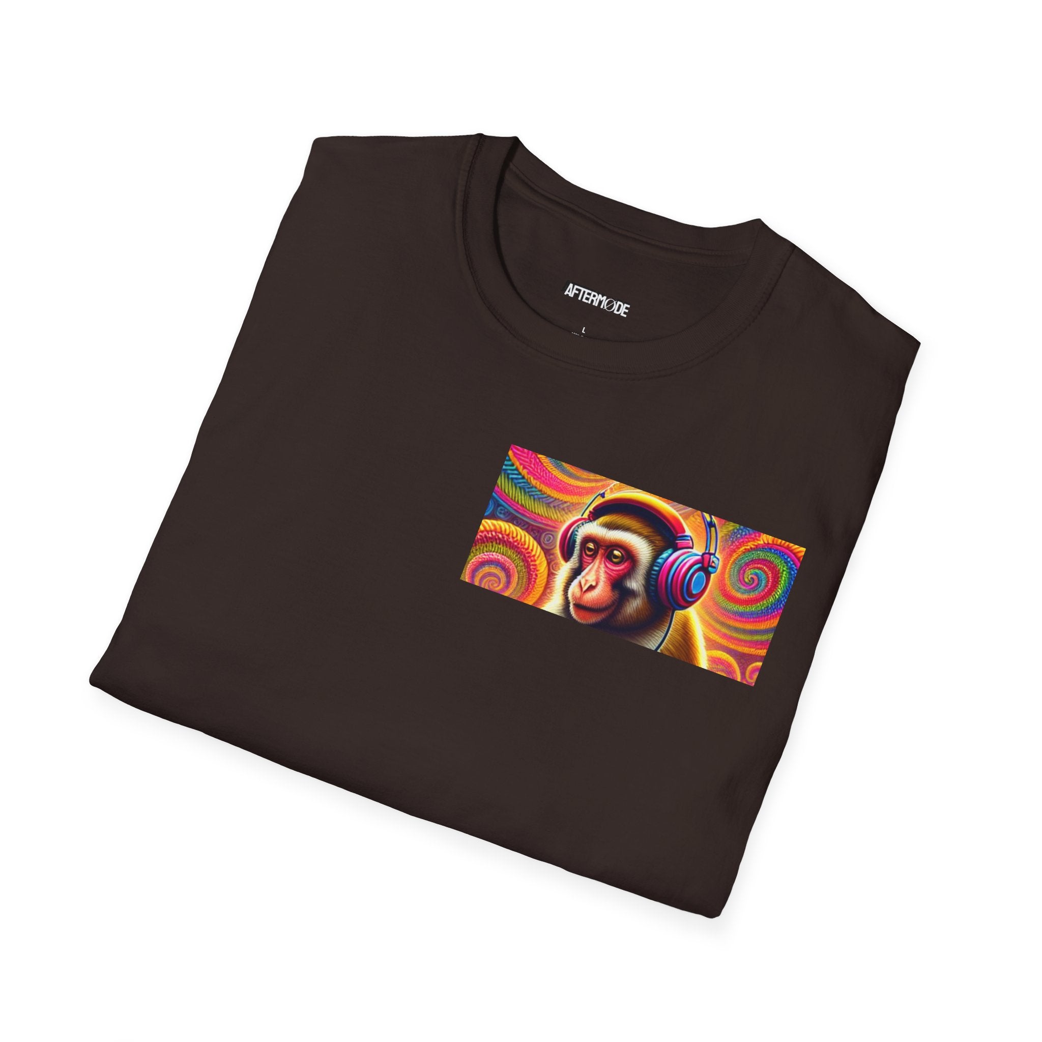 Psychedelic Monkey DJ Unisex Tee, Softstyle Graphic Shirt for Music Lovers, Festival Gear, Funky Party Outfit, Fun Gift Idea