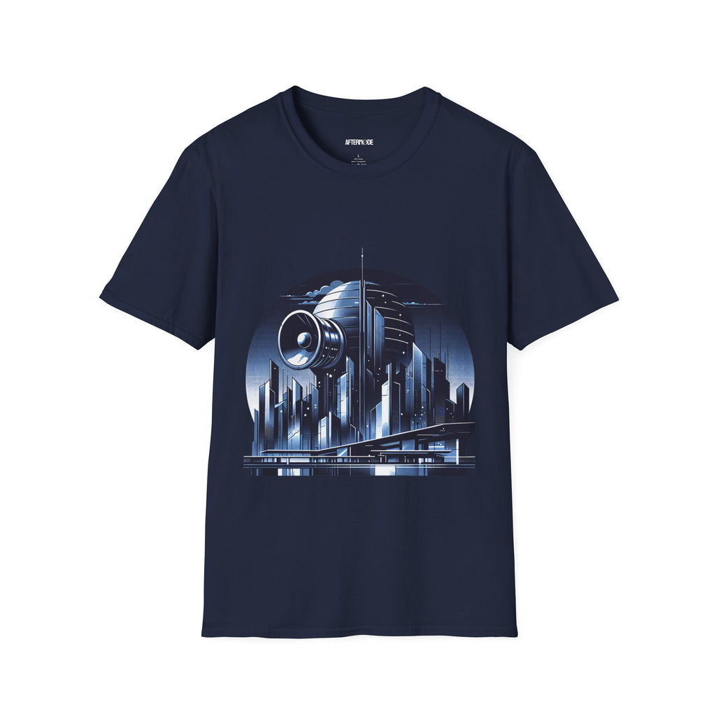 Futuristic Cityscape Graphic T-Shirt | Unisex Softstyle Tee for Sci-Fi Lovers, Gift for Tech Enthusiasts, Trendy Casual Wear, Urban Vibe